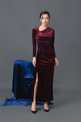 Long-sleeve body-skimming velvet dress with side slit and soft ruched detailing